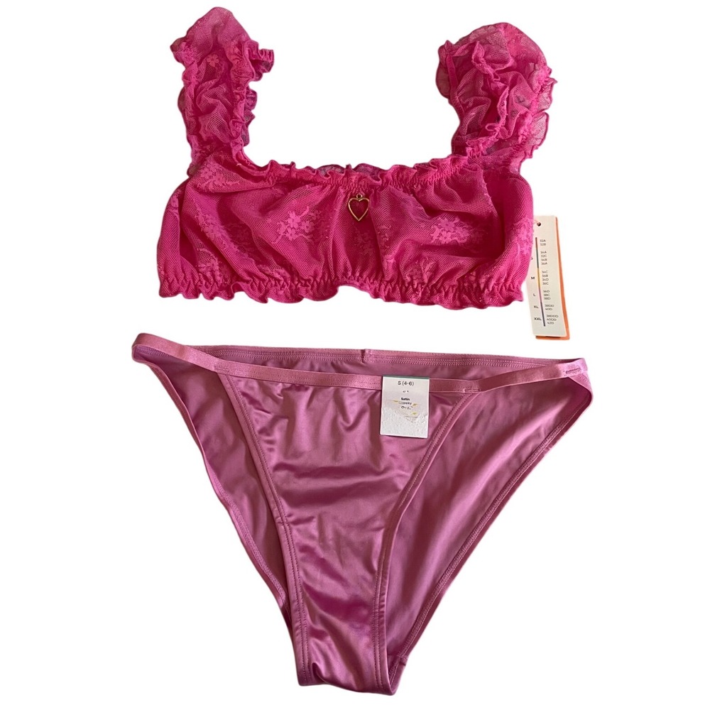 Colsie Pink Lace Bralette XS & Auden Satin Cheeky Panties S Lingerie Set NWT